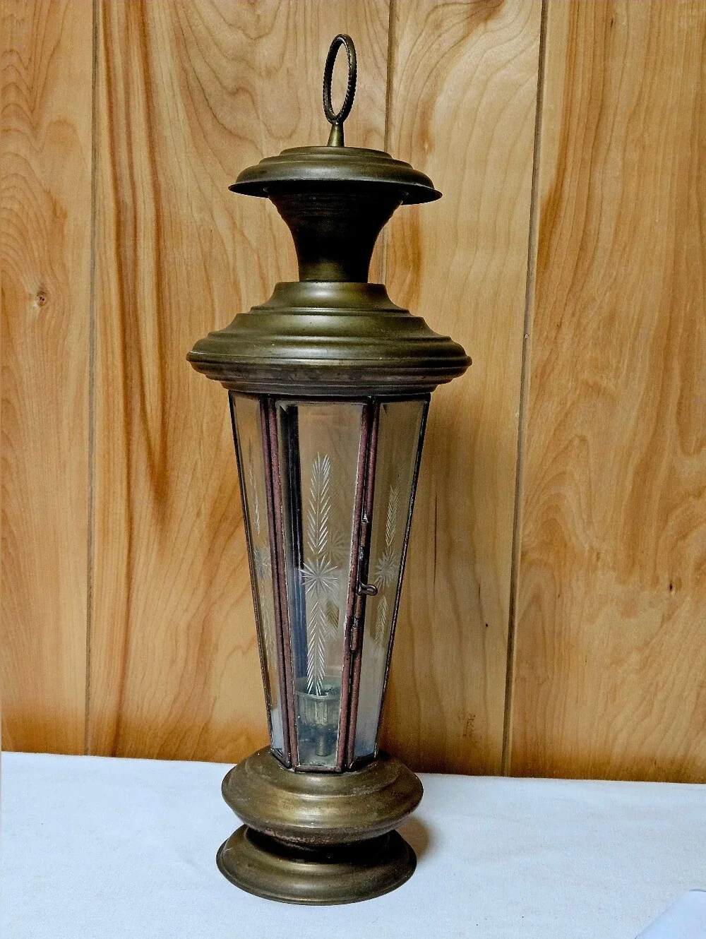 Vtg Turkish Brass Paneled Elegant Etched Glass Candle Lantern Lighting 18.5